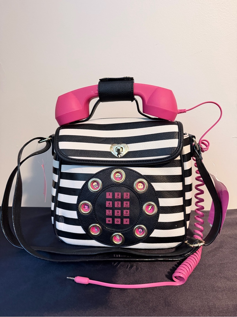 Betsy Johnson call me maybe Retro Stripe Phone Handbag in Black & White